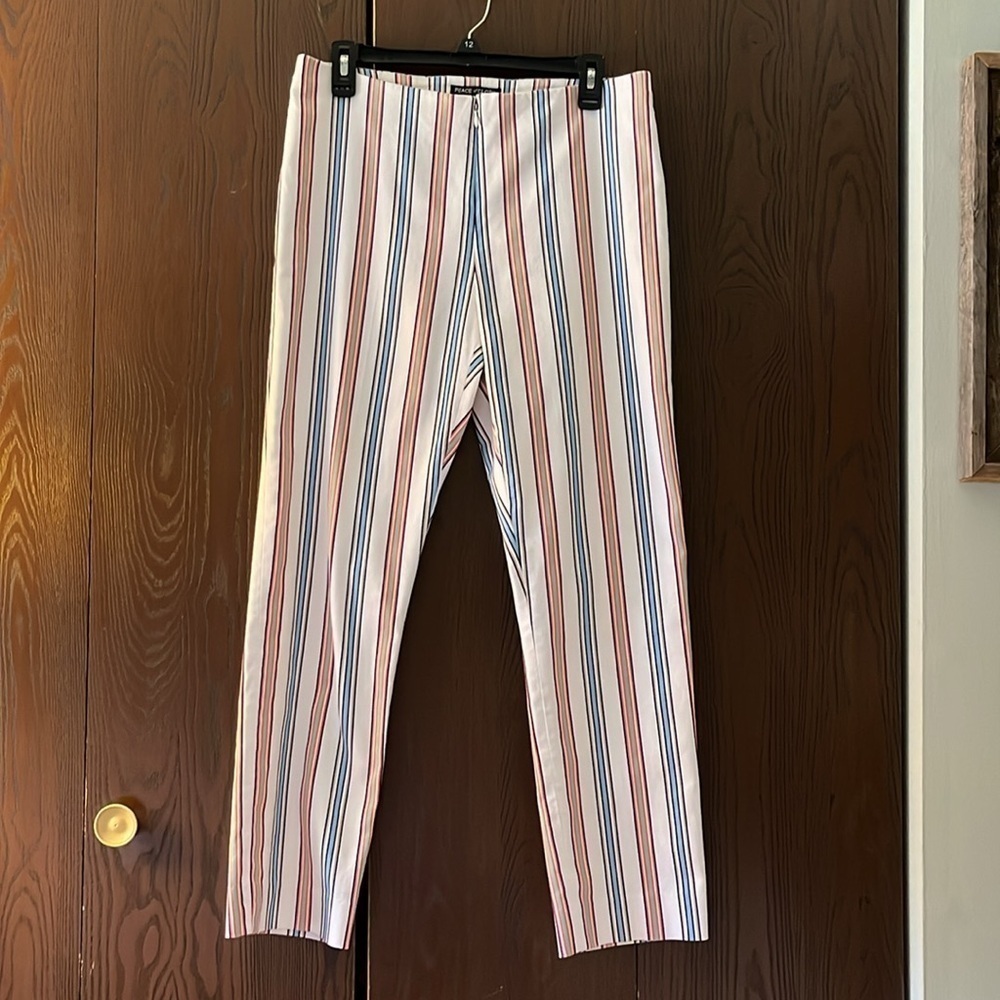 Peace of Cloth slacks. White with multi-colored striped panels. Size 8
